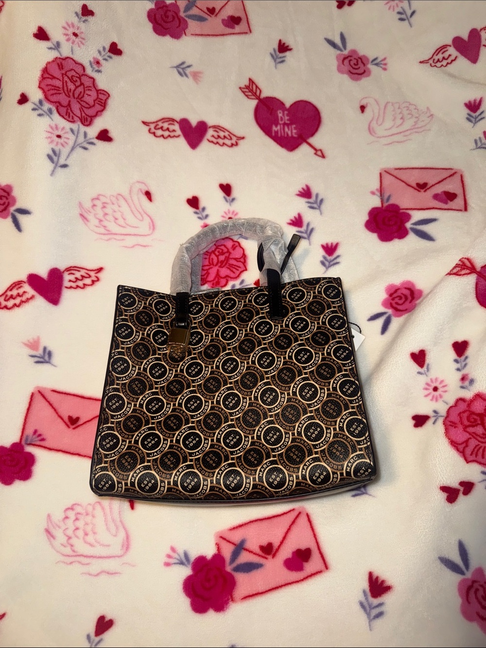 Designer-Style Black & Tan Patterned Tote Bag